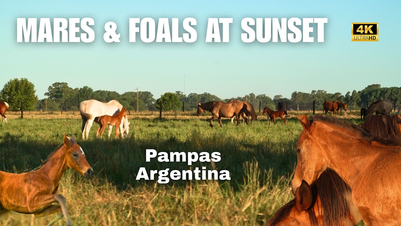 Pampas Horses & Foals 4K | 1 Hour Sunset Slow TV Nature Sounds