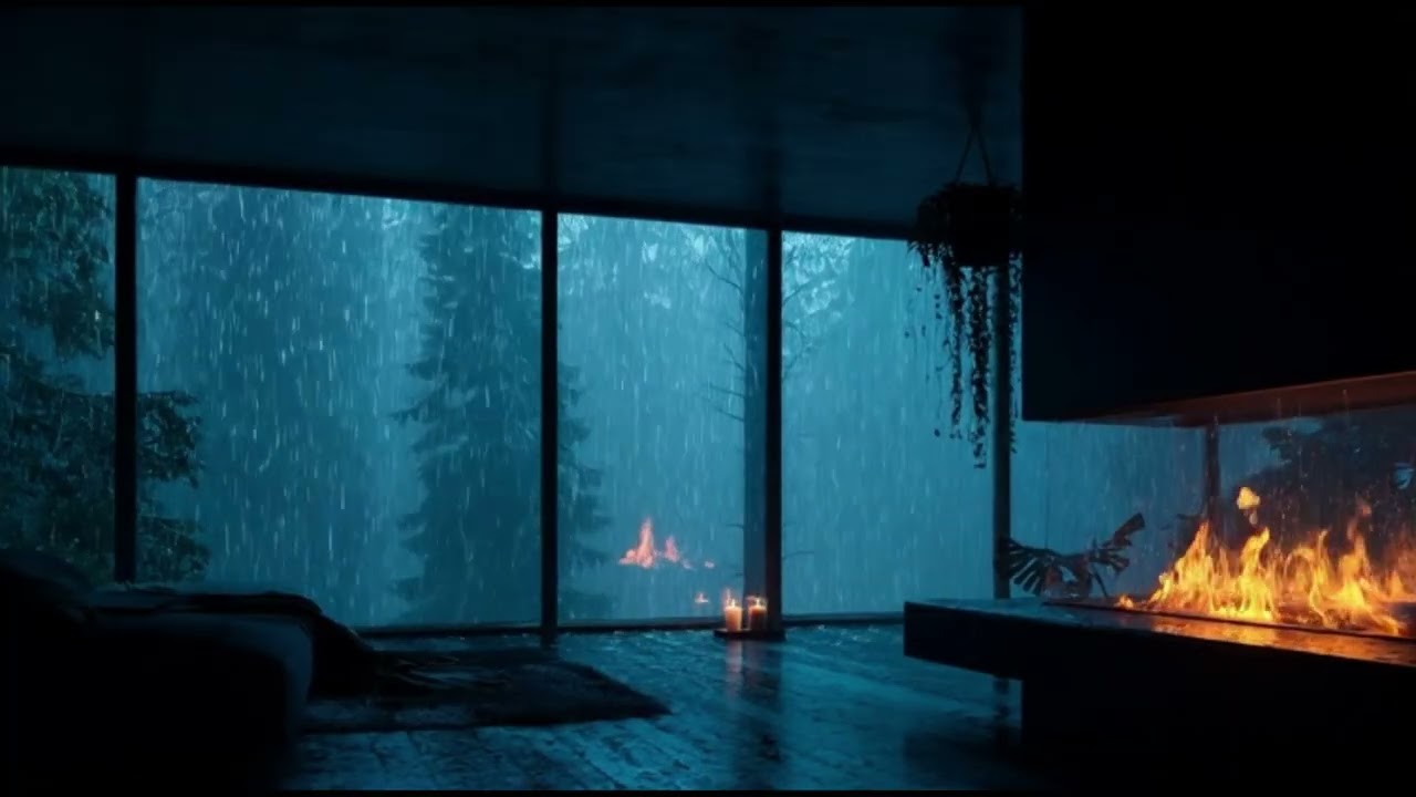 Warm Fireplace in Cozy Cabin | Rain Sounds at Night for Deep Rest #sanctuary #atmospheric #rain