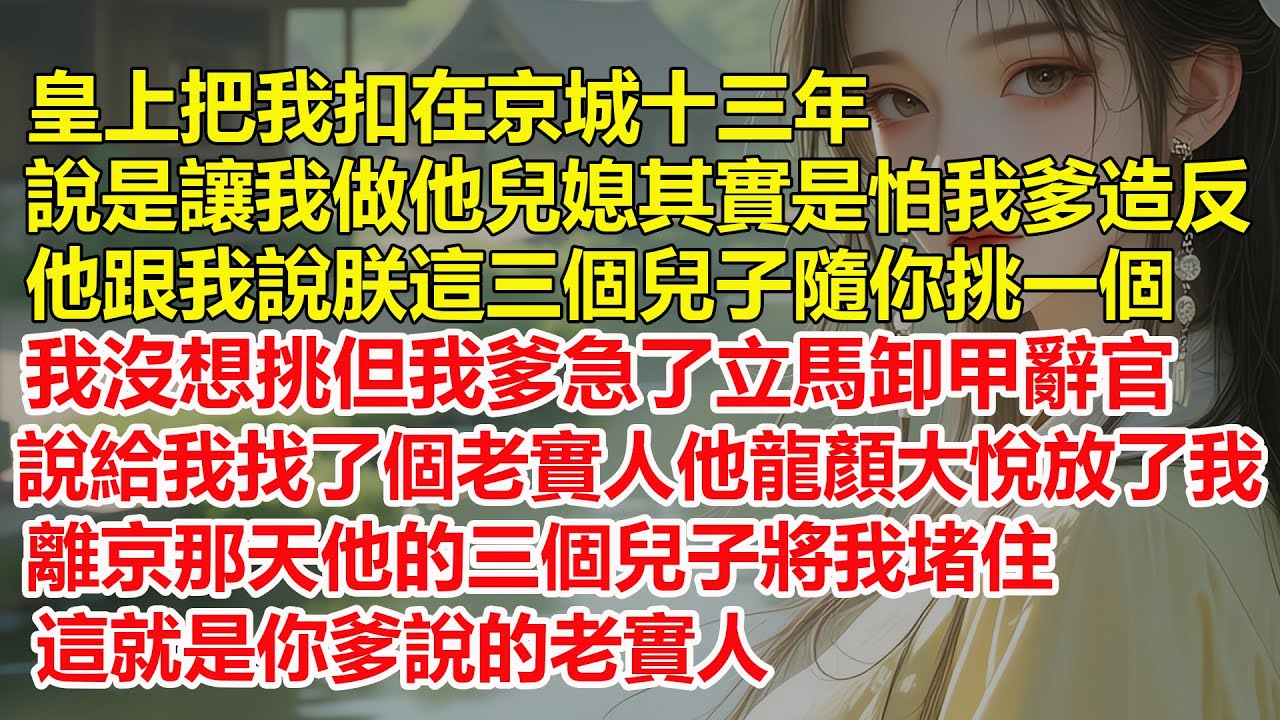 皇上把我扣在京城十三年，說是讓我做他兒媳婦其實是怕我爹造反，直到他讓我在三個皇子中選一個做夫君，我爹急了立馬卸甲辭官，說給我找了個老實人，當三個皇子見到我身邊的人後傻眼了，這就是你爹說的老實人。
