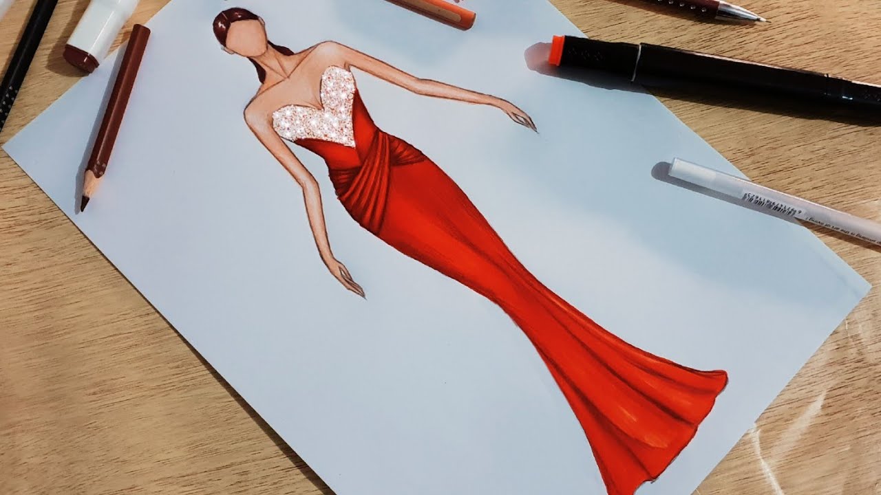 (الكورس الثالث) تعلم رسم فستان سهرة سهل للمبتدئين| how to draw dress sketching & coloring tutorial