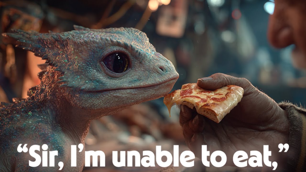 Sir Im unable to eat the little alien dragon said softly but the singledad janitor offered her pizza