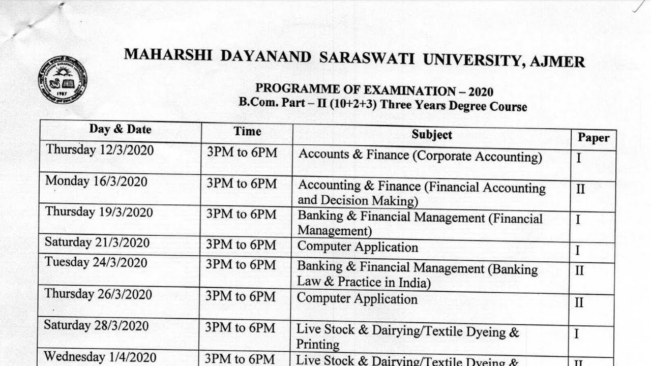 Commerce B. Com. Part 2nd Year Exam Time Table 2020 || Date Sheet For Exam 2020 || Mdsu Ajmer