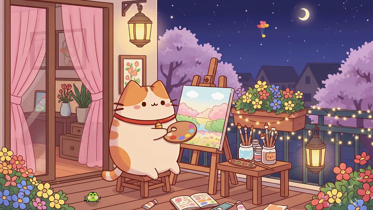 Pusheen’s Spring Night Art 🎨 Relaxing Lofi Hip Hop for Study & Chill 🌸 Aesthetic Beats