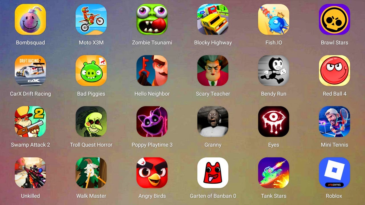Roblox,Red Ball 4,Find the Alien,BARRY'S PRISON,Poppy Playtime 3,Squid Game 3,Hide in The Backrooms.