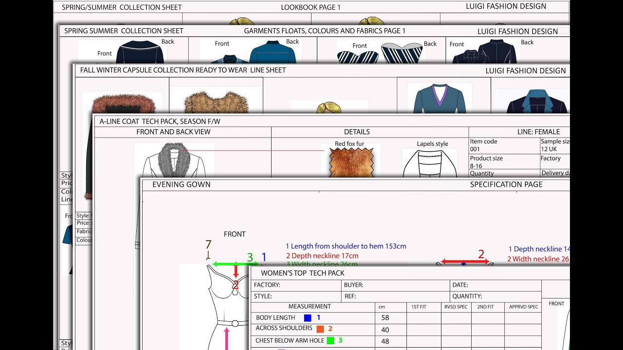 Fashion design technical elements, garment tech packs, line sheets, technical drawings and lookbooks