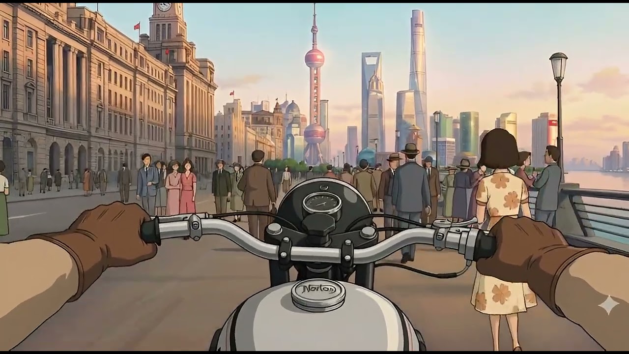 (2D Animation Style) WaiTan riverside road,Shanghai, China