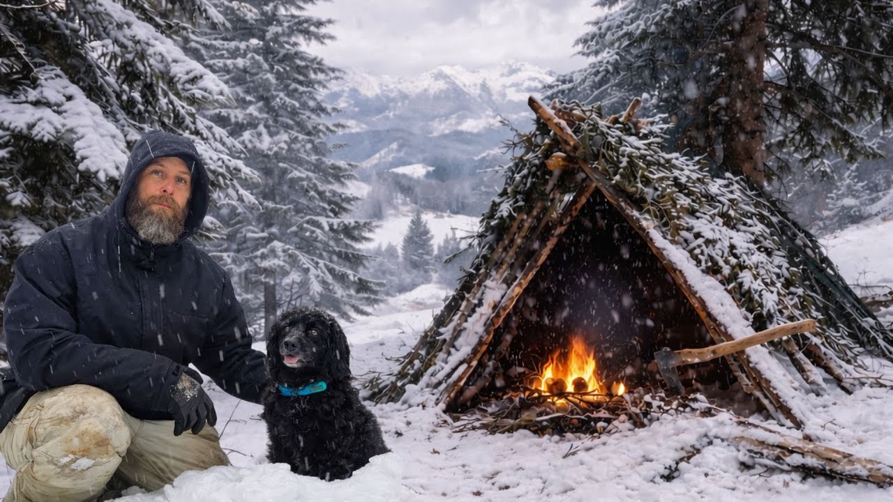 Winter Survival Shelter In Falling Snow | Staying Dry And Warm With My Dog