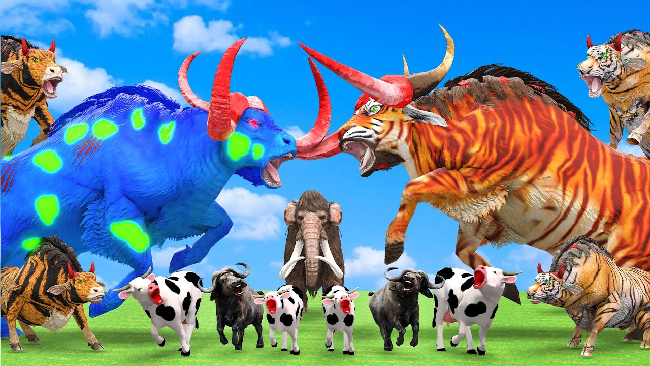 10 Giant Tiger Bull vs Woolly Mammoth vs Giant Zombie Bull Attack Cartoon Cow Saved by Mammoth Eleph