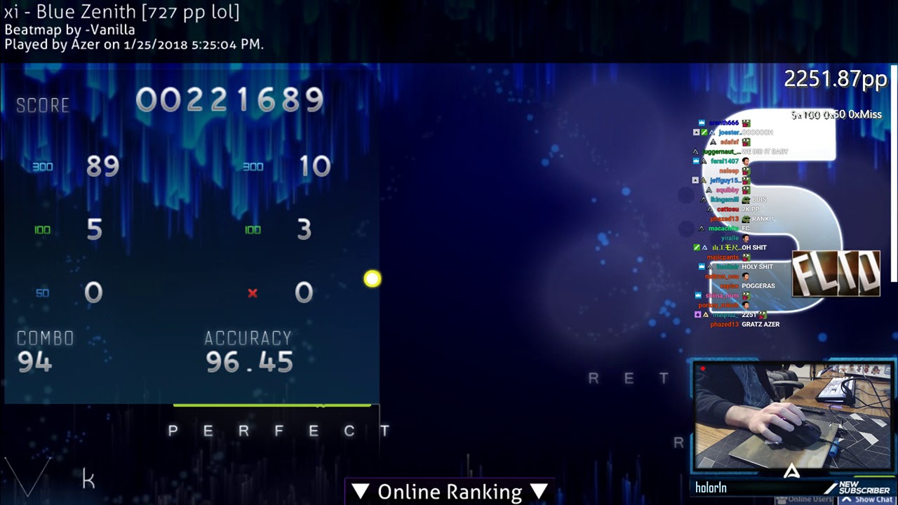 Azer | xi - Blue Zenith [727pp lol] +HDDTFL FC 2251pp 96.45% | Liveplay w/Chat!