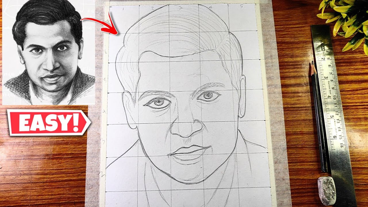 How To Draw SRINIVAS RAMANUJAN Outline With Grid Method, Mathematics Day drawing easy, Step by step