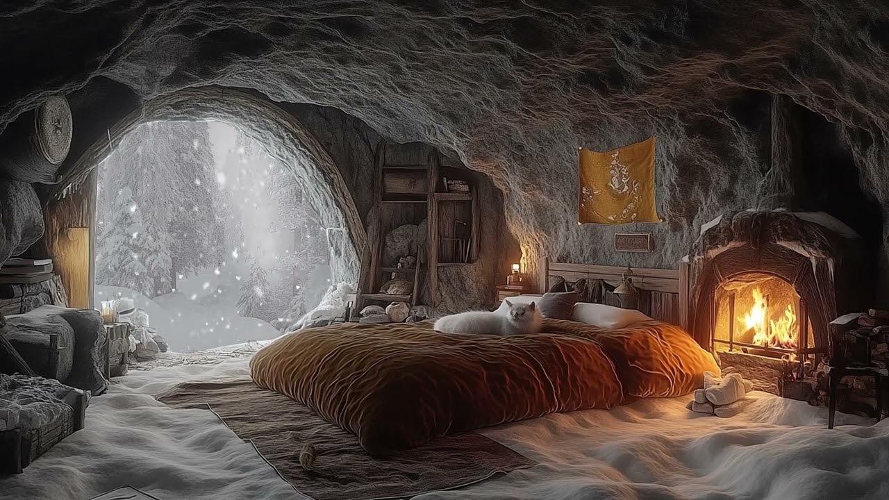 Blizzard Winds and Warm Fireplace in a Cave for Stress Relief and Deep Sleep