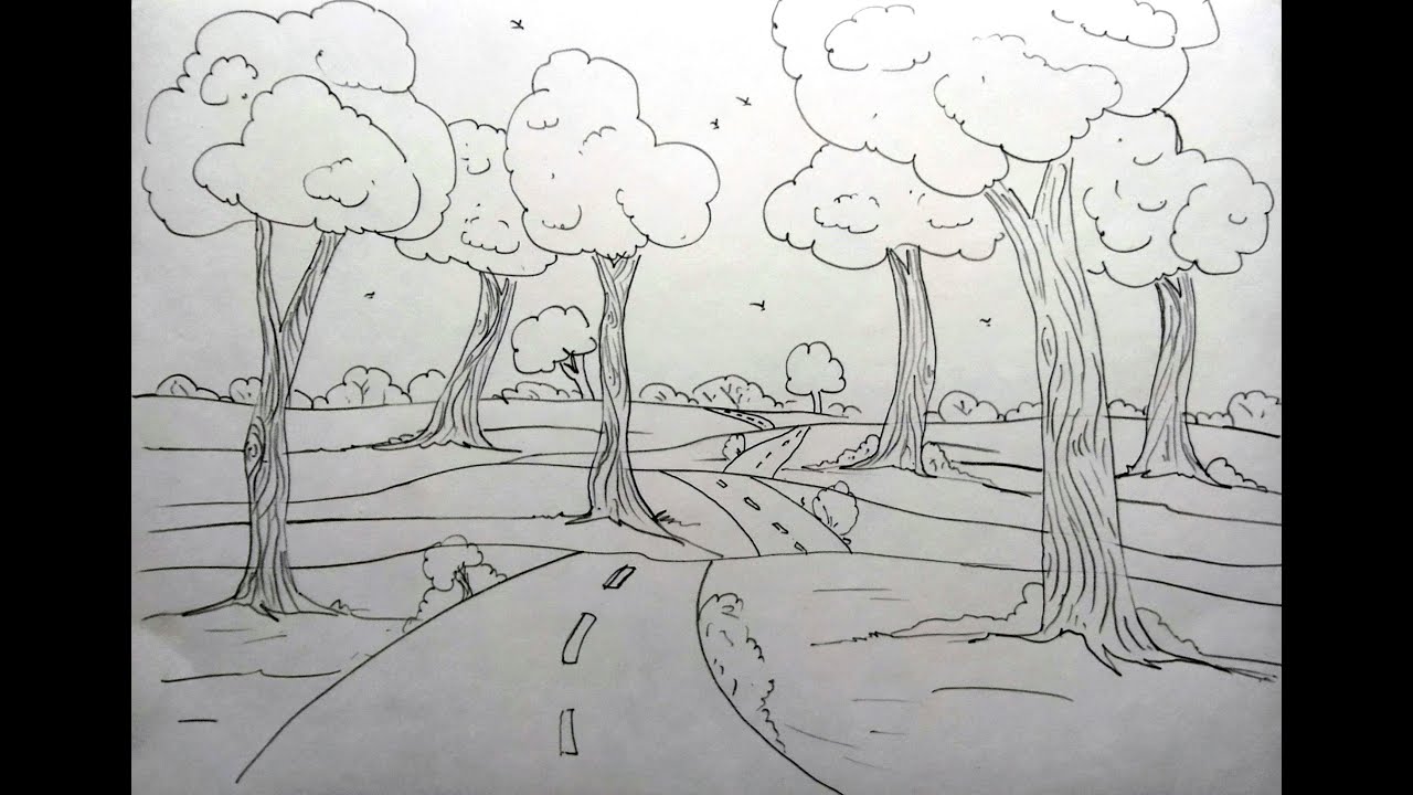 Road Scenery Drawing | How to Draw Pencil Sketch Scenery for Beginners | Scenery Drawing for kids...