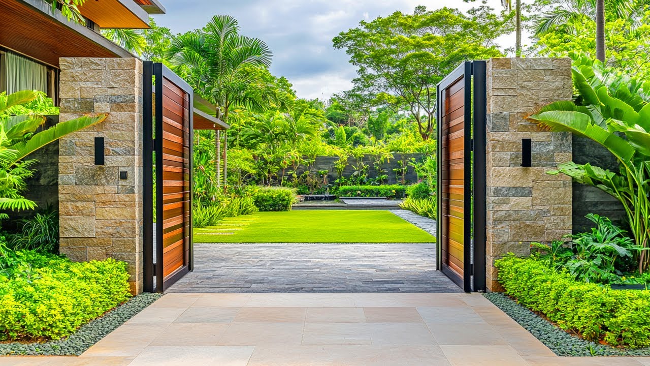 Modern Gate Designs: Elegant Entrances with Timeless Wood and Stone Amidst Tropical Garden Beauty