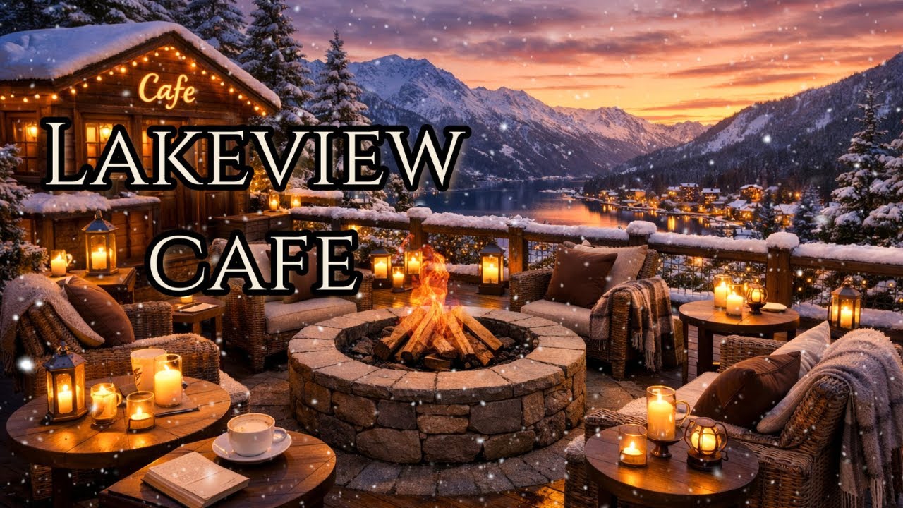 Snowy Terrace Cafe Above the Lake ☕ Sunset & Warm Fire & Soft Piano🔥 3H | 4K