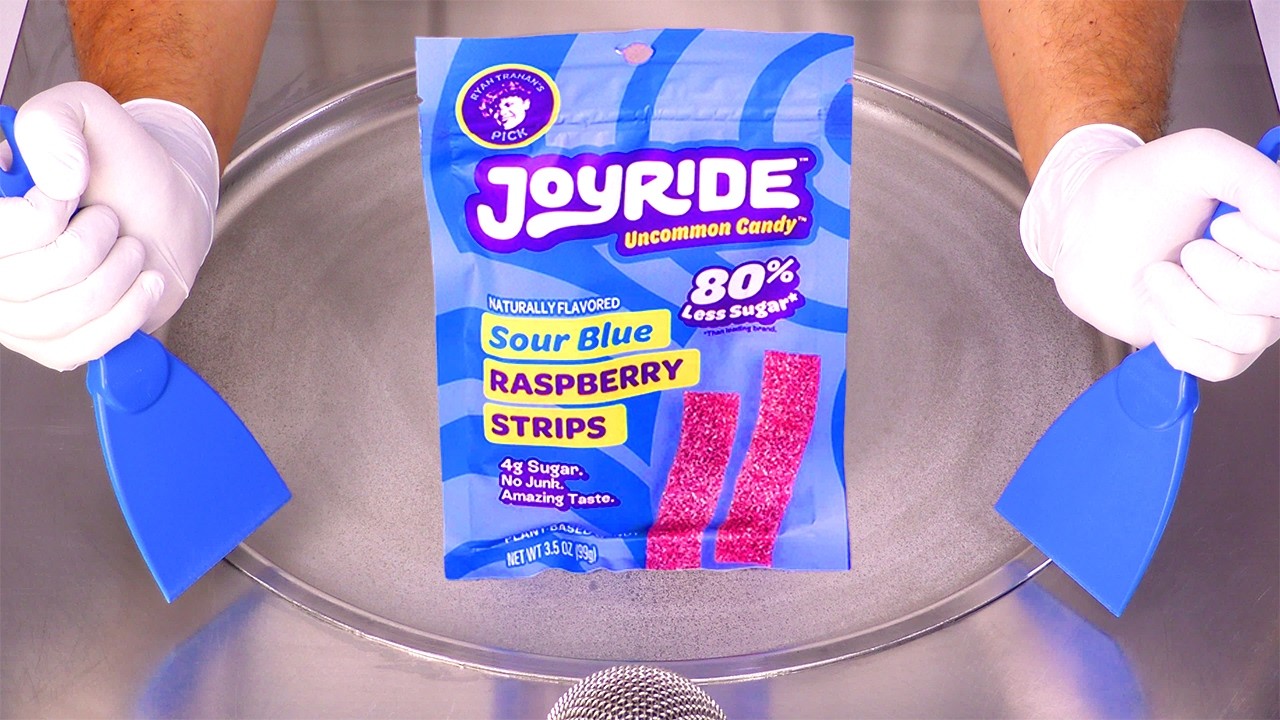 Transforming Joyride Sour Blue Raspberry Strips into Crazy Ice Cream Rolls! (ASMR)
