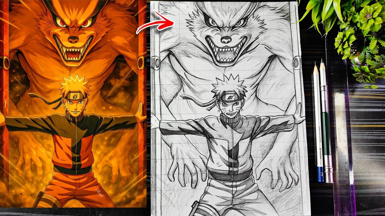 How To Draw Naruto Uzumaki And Kurama (Nine-Tails Fox) | Anime Drawing Step-by-Step Tutorial
