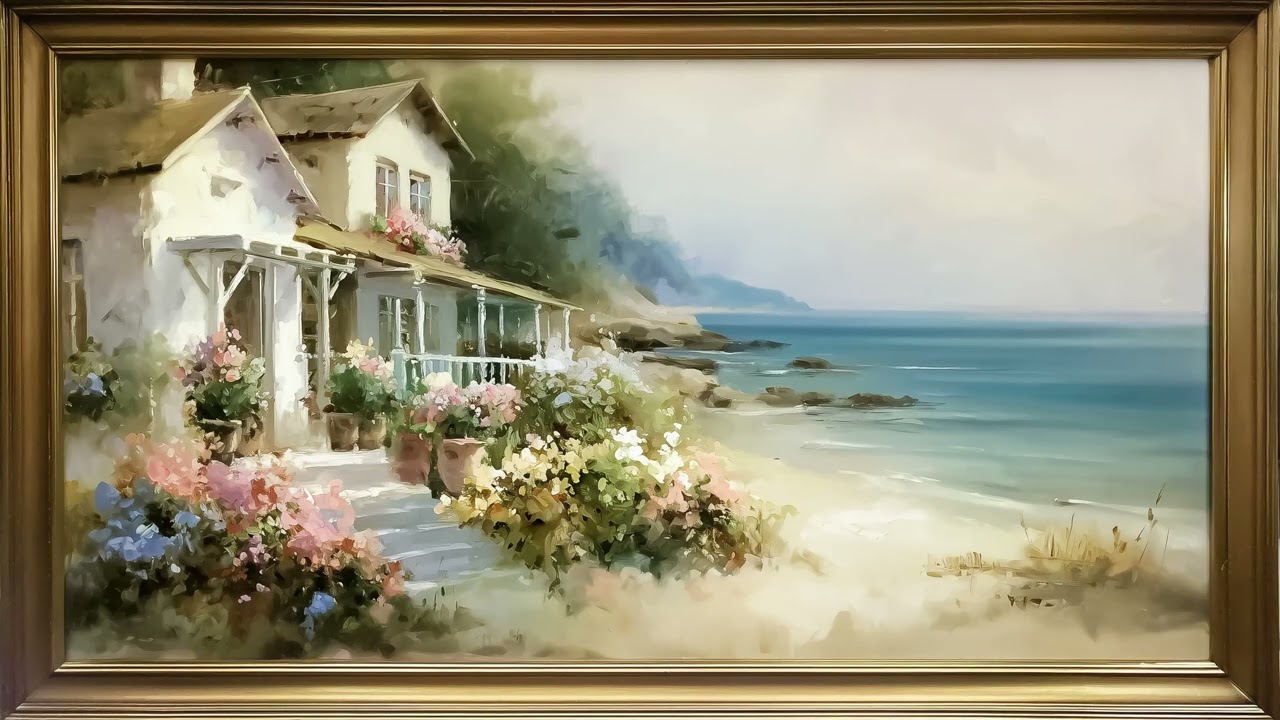 Coastal Cottage by the Sea 🌊 | Vintage Oil flower Painting Framed TV Art Screensaver | 3 Hours