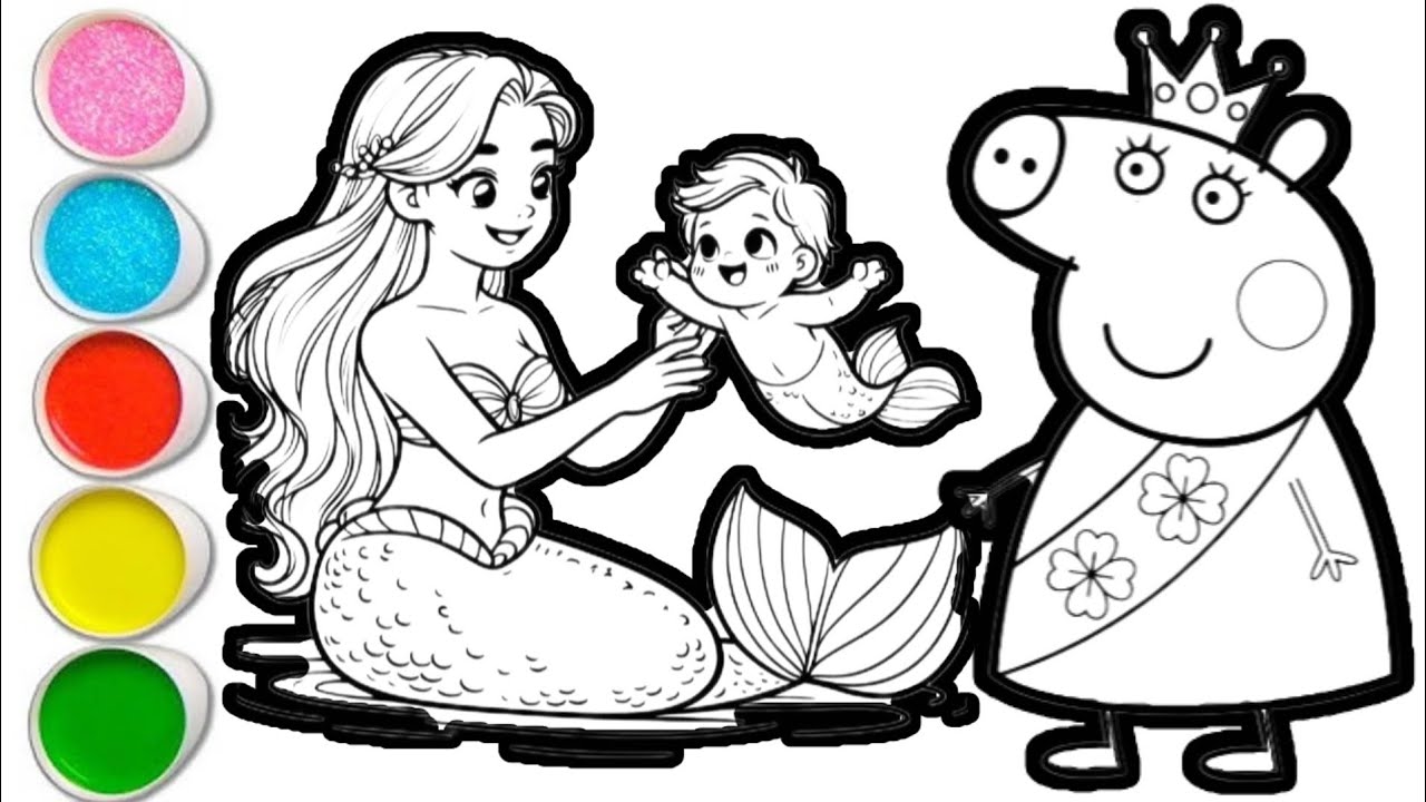 Peppa pig with mermaid drawing and coloring for kids and toddlers || easy peppa pig drawing for kid