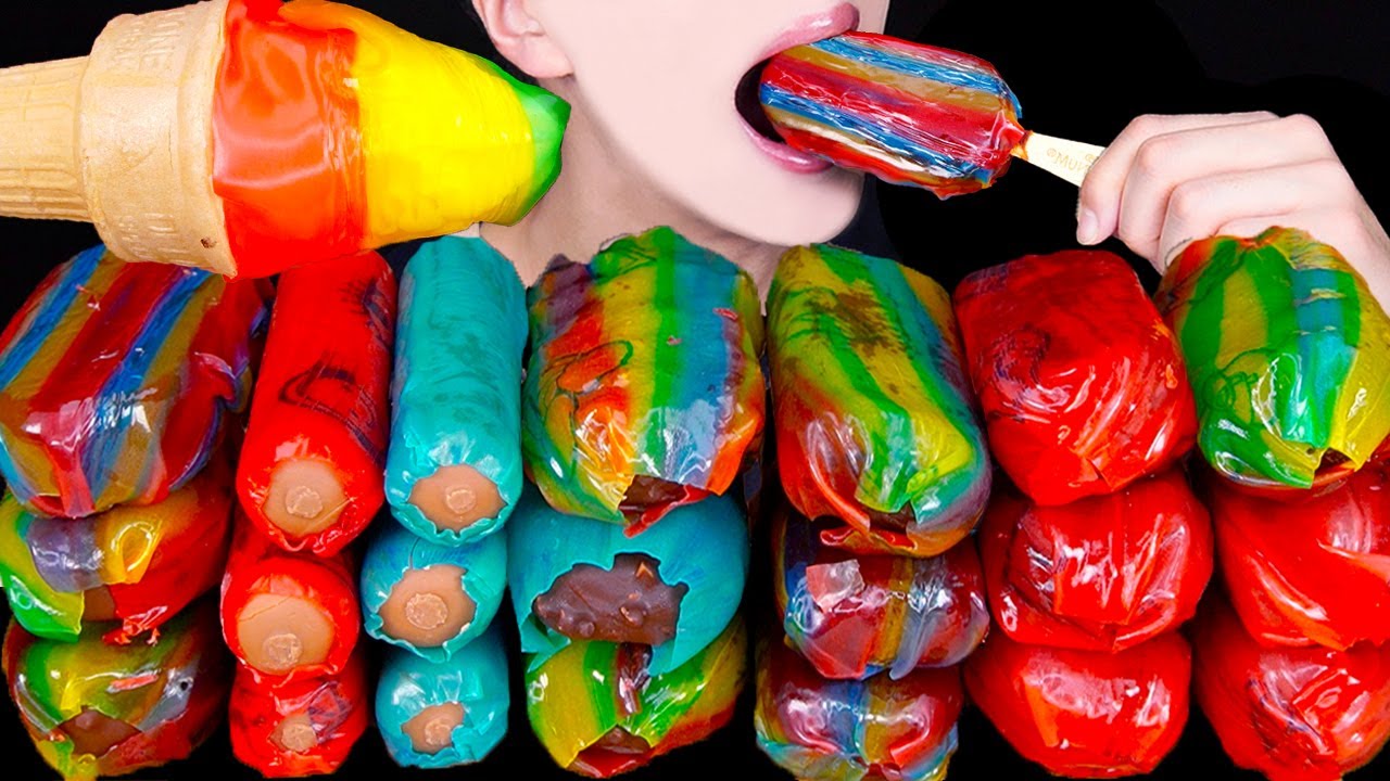 ASMR FROZEN FRUIT ROLL UPS CHOCOLATE ICE CREAM MAGNUM NUTELLA DESSERT MUKBANG롤업젤리 먹방咀嚼音EATING SOUNDS