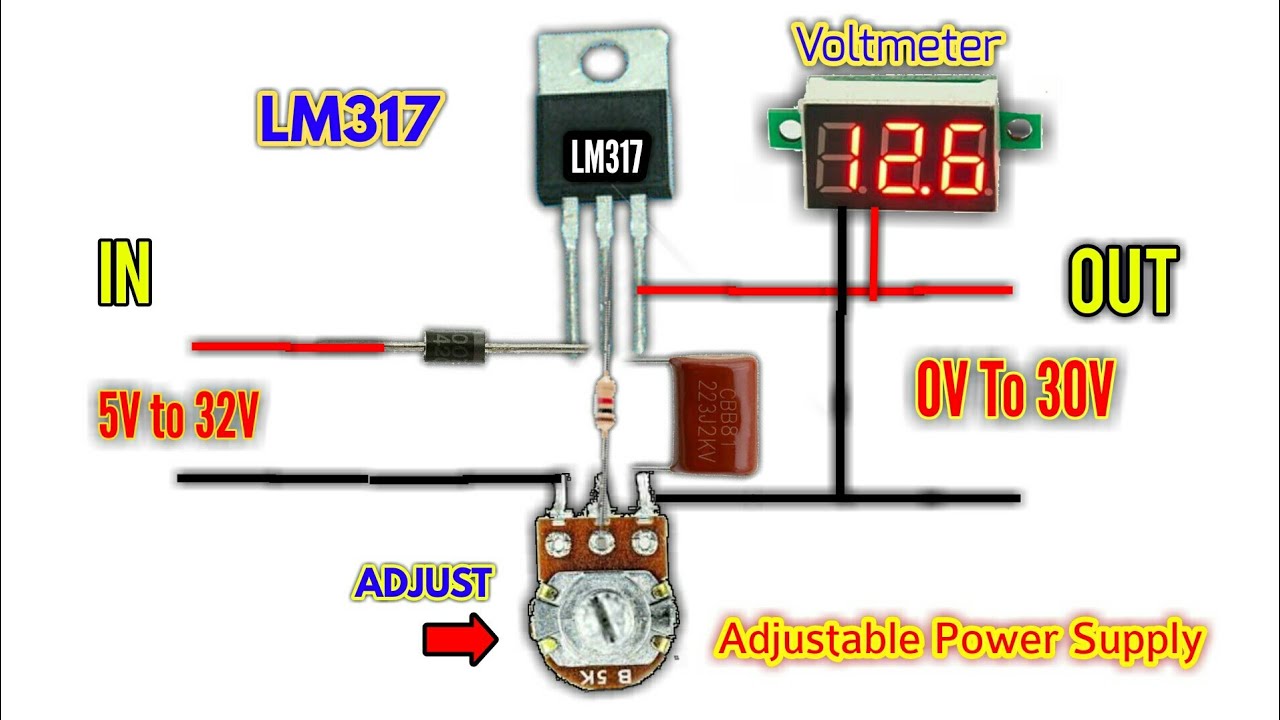 LM317 Voltage regulator circuit 0V to 30V with Voltmeter |