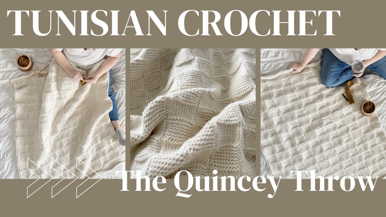 easy Tunisian crochet throw blanket, learn how to do basic Tunisian crochet stitches, Quincey Throw