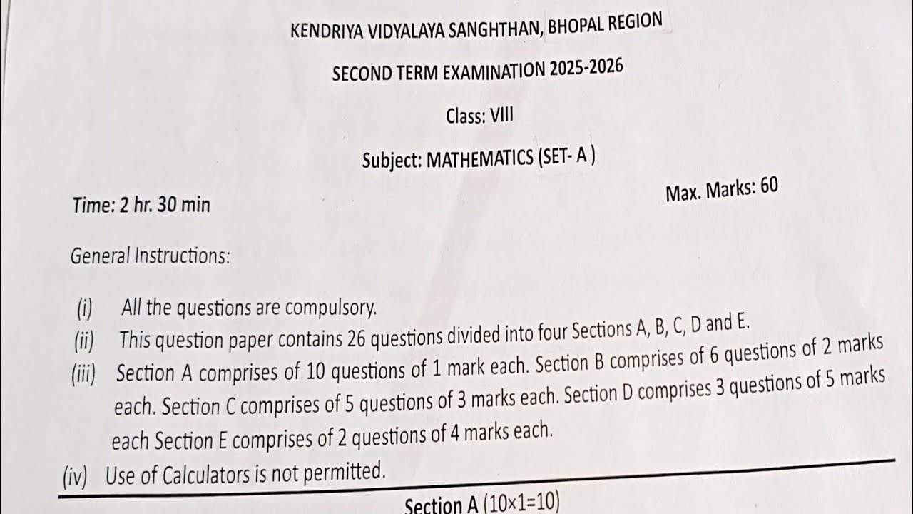 CLASS - 8  MATHS (SET - A ) Second term exam paper ( annual )PM SHRI KV 2025-26