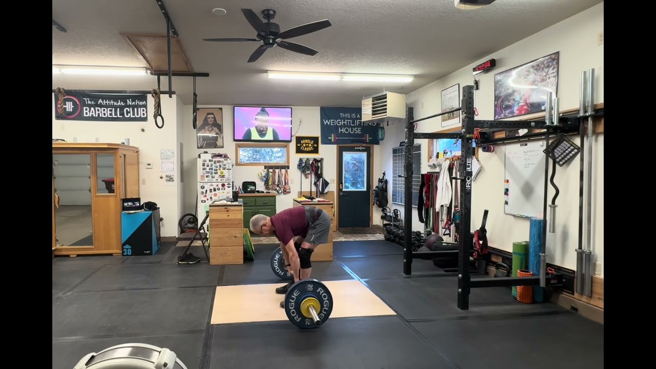 Monday.   Snatch snatch x 2 @ 60, C&J complex @ 71, back squats felt heavy and strict press
