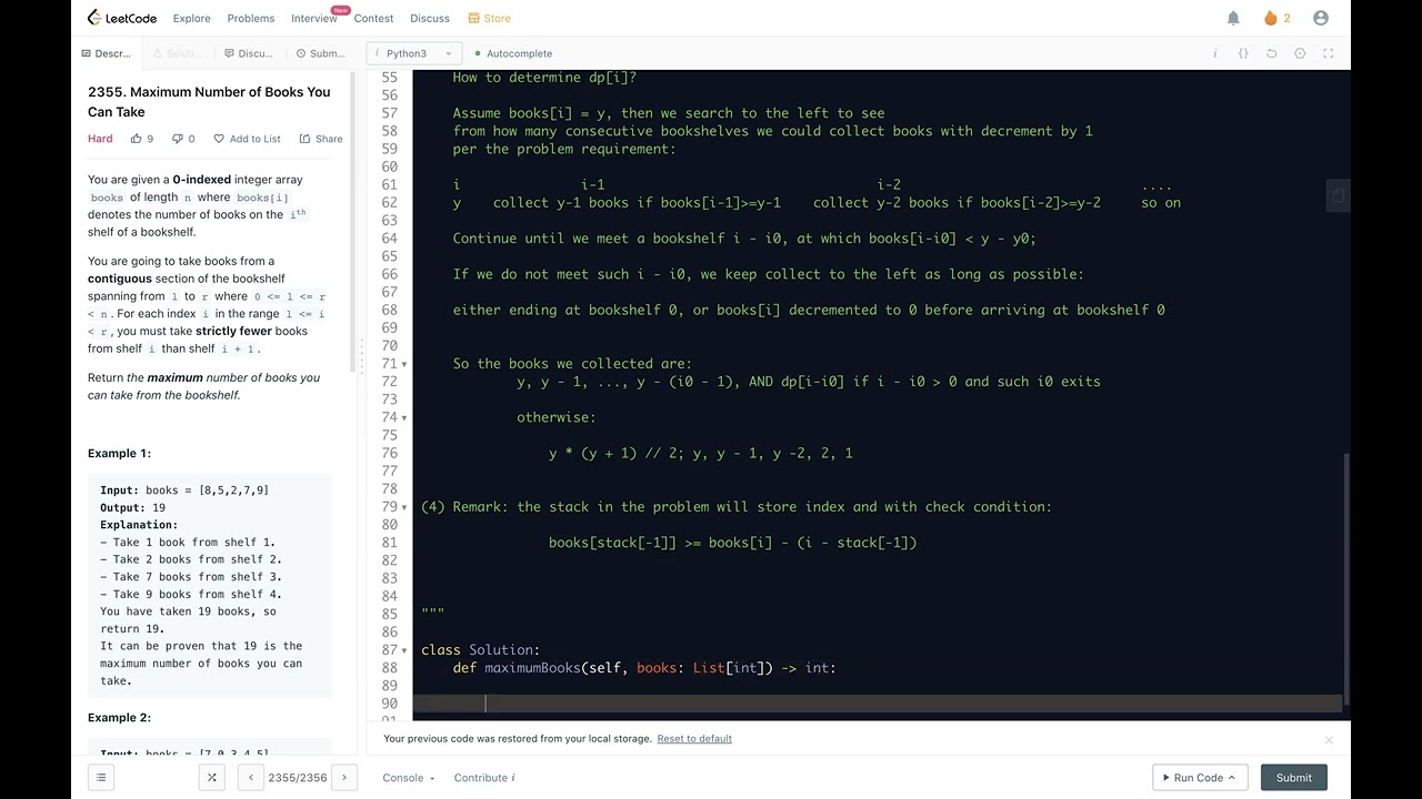 Leetcode 2355. Maximum Number of Books You Can Take - monotonic stack and DP
