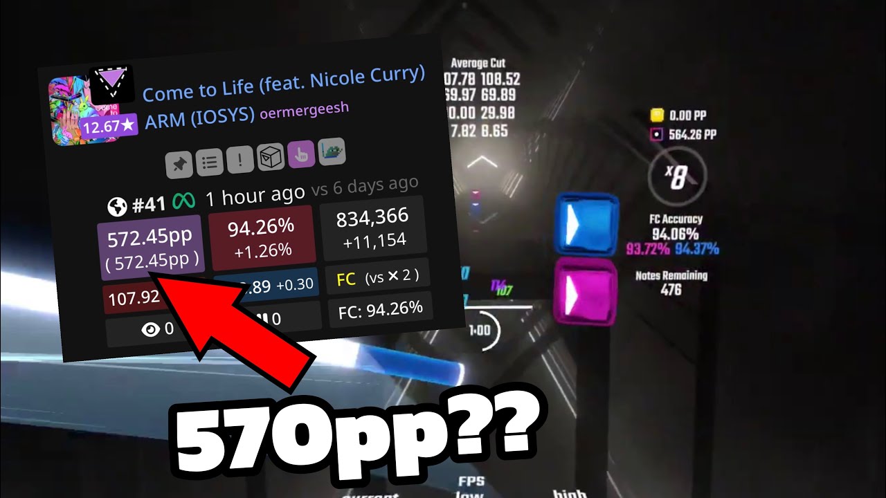 Beat Saber but I got a 570pp play?? (Come to Life)