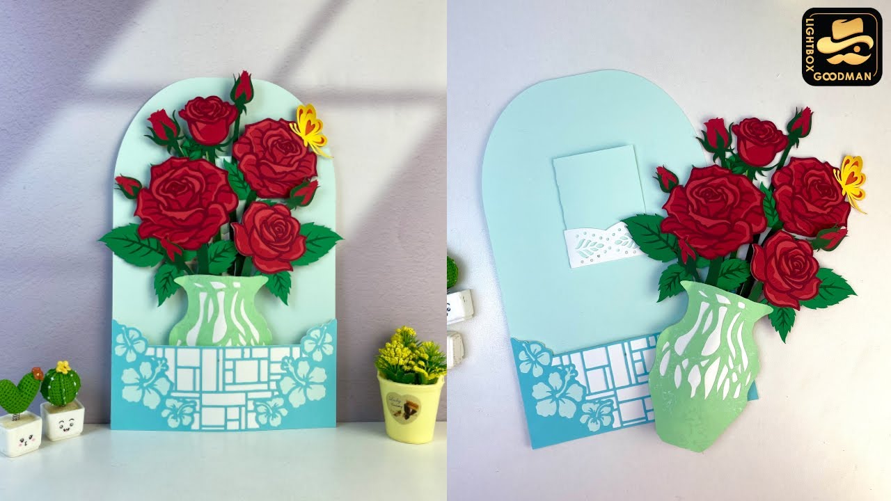How To Make Paper Cut Pop up Card Flower Vase Rose