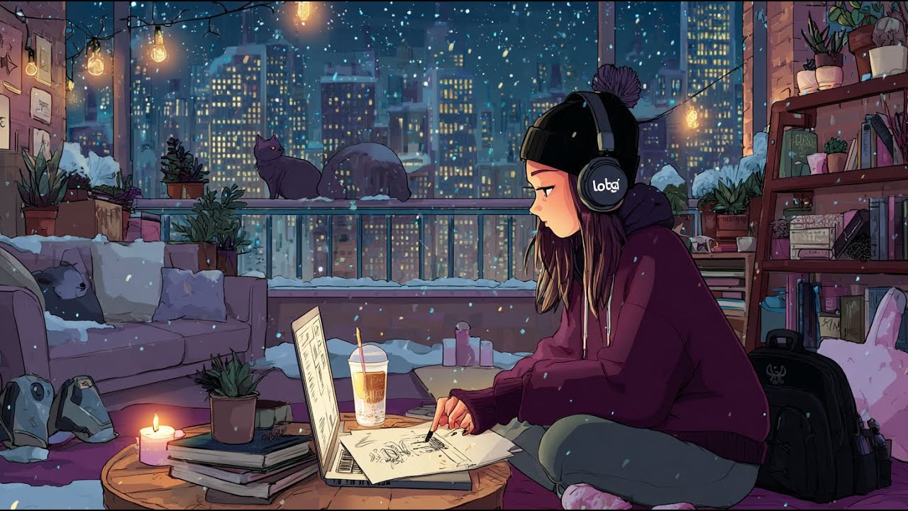 Cozy Winter Lofi ❄️ Snowy Night Balcony Study Beats | Chill Music for Focus & Finals Week