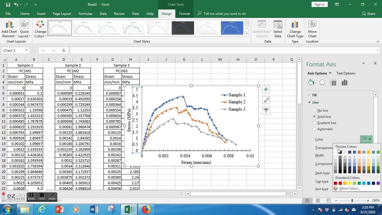 Stress strain curve in excel 2016 with error graph