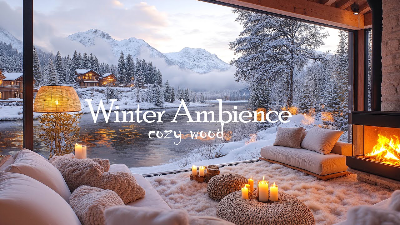 4K Sunrise By The Lake In Winter Ambience - Crackling Fireplace & Snowy Ambience for Relaxation