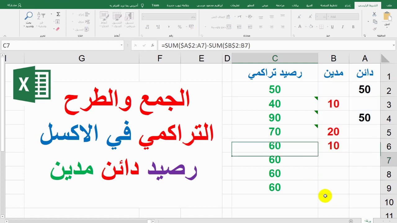 الرصيد التراكمي الجمع والطرح التراكمي رصيد دائن مدين في الاكسل