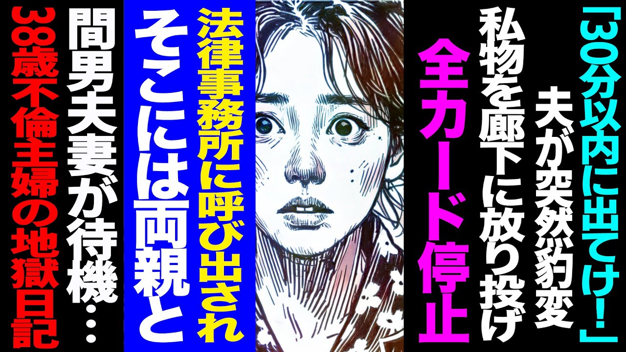 【漫画】『30分以内に出てけ！』夫が突然豹変→私物を廊下に放り投げ→全カード停止→法律事務所に呼び出され、そこには両親と間男夫妻が待機...38歳不倫主婦の地獄日記(修羅場)【セカイノナミダ】