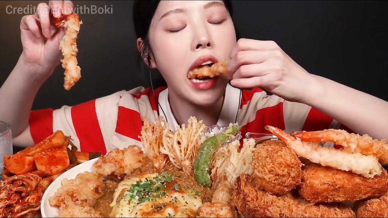 Mukbang spicy curry  crunchy tonkatsu & shrimp with spicy sauce big bites asmr compilation voll 25
