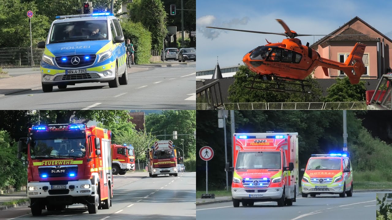 Feuerwehr, Rettungswagen, Polizei, ASB, RTH Christoph 13 auf Einsatzfahrt zu Einsätzen
