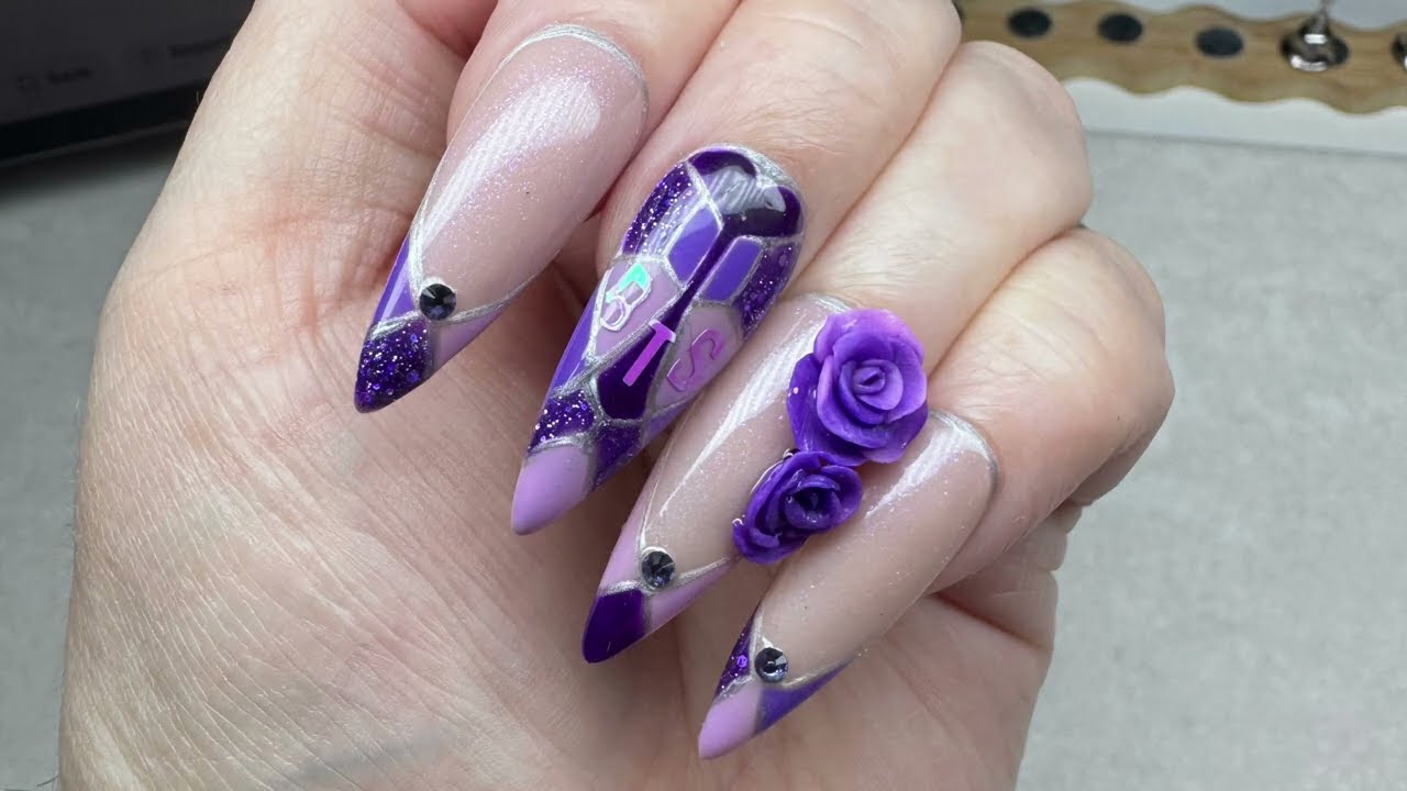 BTS stain glass nails with purple roses