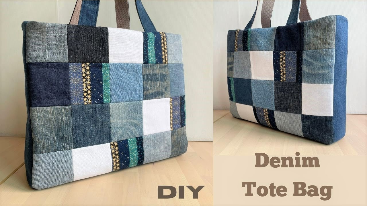 DIY Easy Patchwork Tote bag stitching and cutting from old jeans/牛仔拼布托特包/Sewing waste cloth recycle