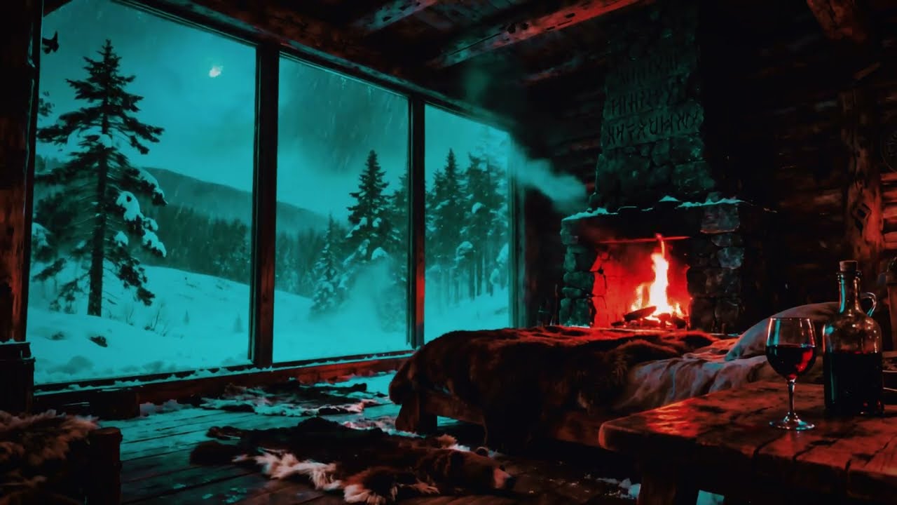 Snowy Cozy Cabin Ambience ❄️ Crackling Fireplace & Gentle Falling Snow 🔥 Winter Night for Deep Sleep