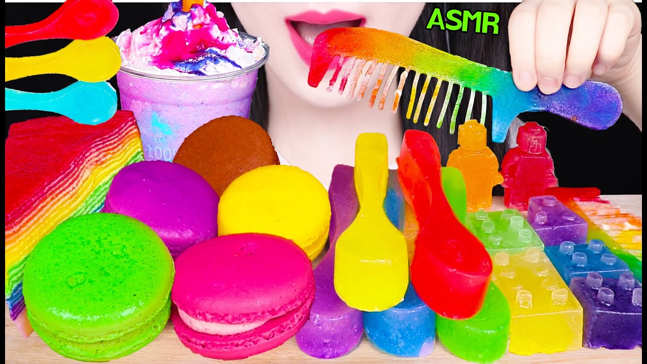 ASMR RAINBOW PARTY *EDIBLE HAIR COMB, EDIBLE SPOON, UNICORN FRAPPE, CREPE CAKE 먹방 JANE ASMR 제인
