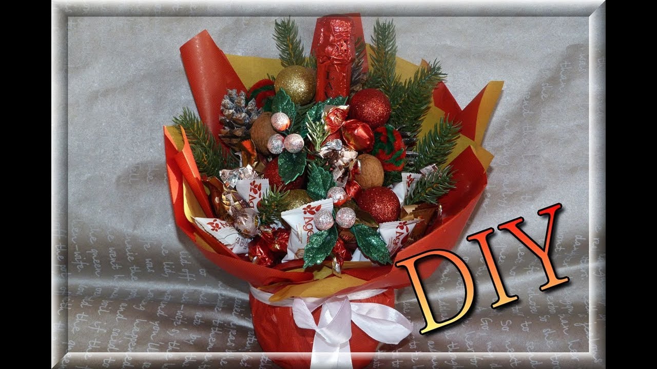 НОВОГОДНИЙ БУКЕТ ИЗ КОНФЕТ И ШАМПАНСКОГО/НОВОГОДНЯЯ КОМПОЗИЦИЯ