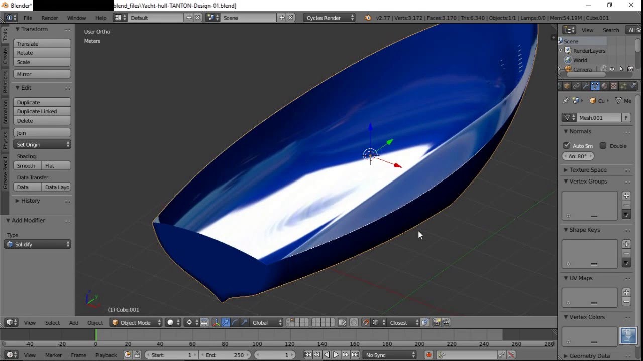 Blender boat hull design with sweep rails