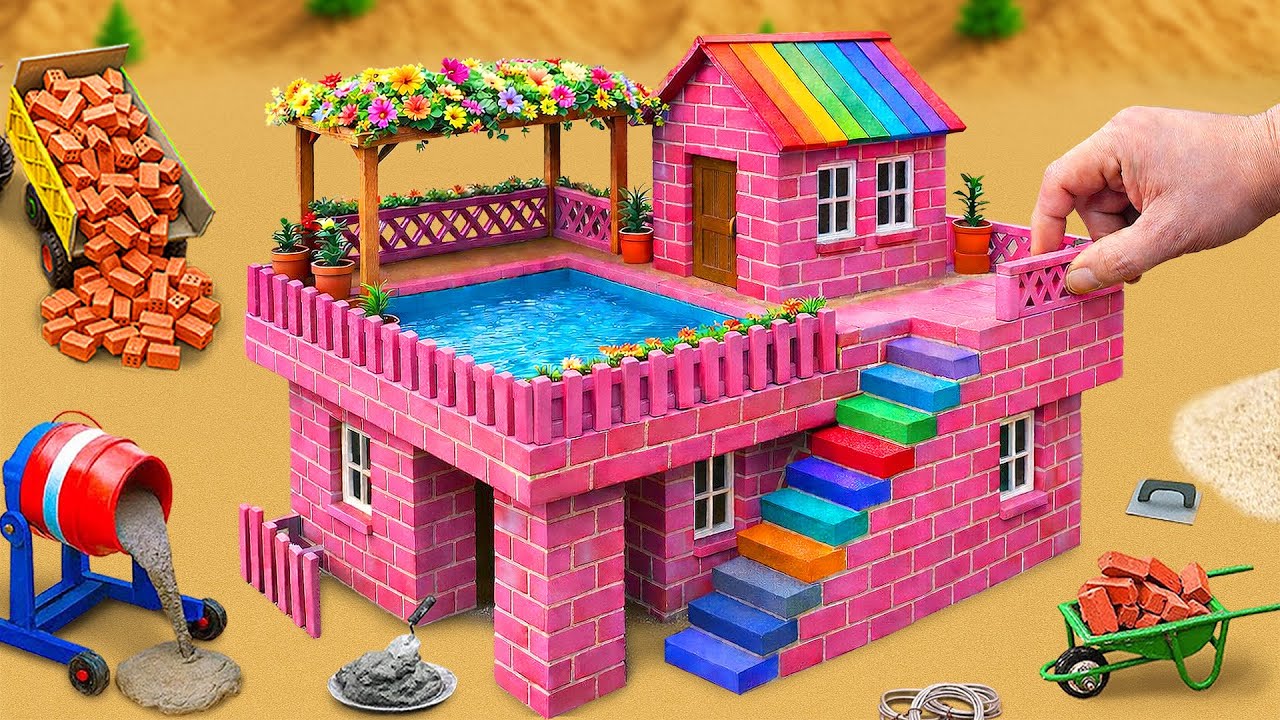 Tractor Builds Pink Brick House with Rooftop Mini Pool | Top Creative Mini Truck Science Project