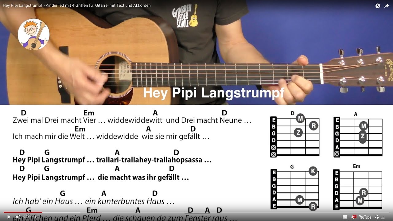 Hey Pipi Langstrumpf - Kinderlied mit 4 Griffen für Gitarre, mit Text und Akkorden