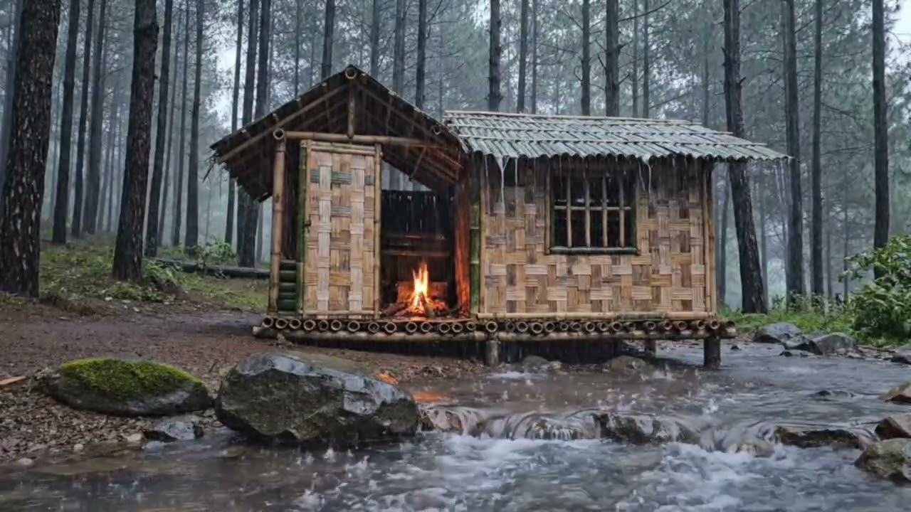 Peaceful Rainy Pine Forest Cabin with Flowing Stream and Warm Fireplace Glow for Deep Sleep and Cozy