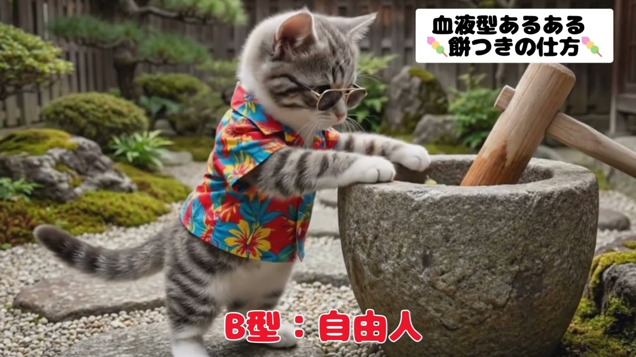 【血液型診断】猫たちの「餅つき」スタイル【A型/B型/O型/AB型あるある】