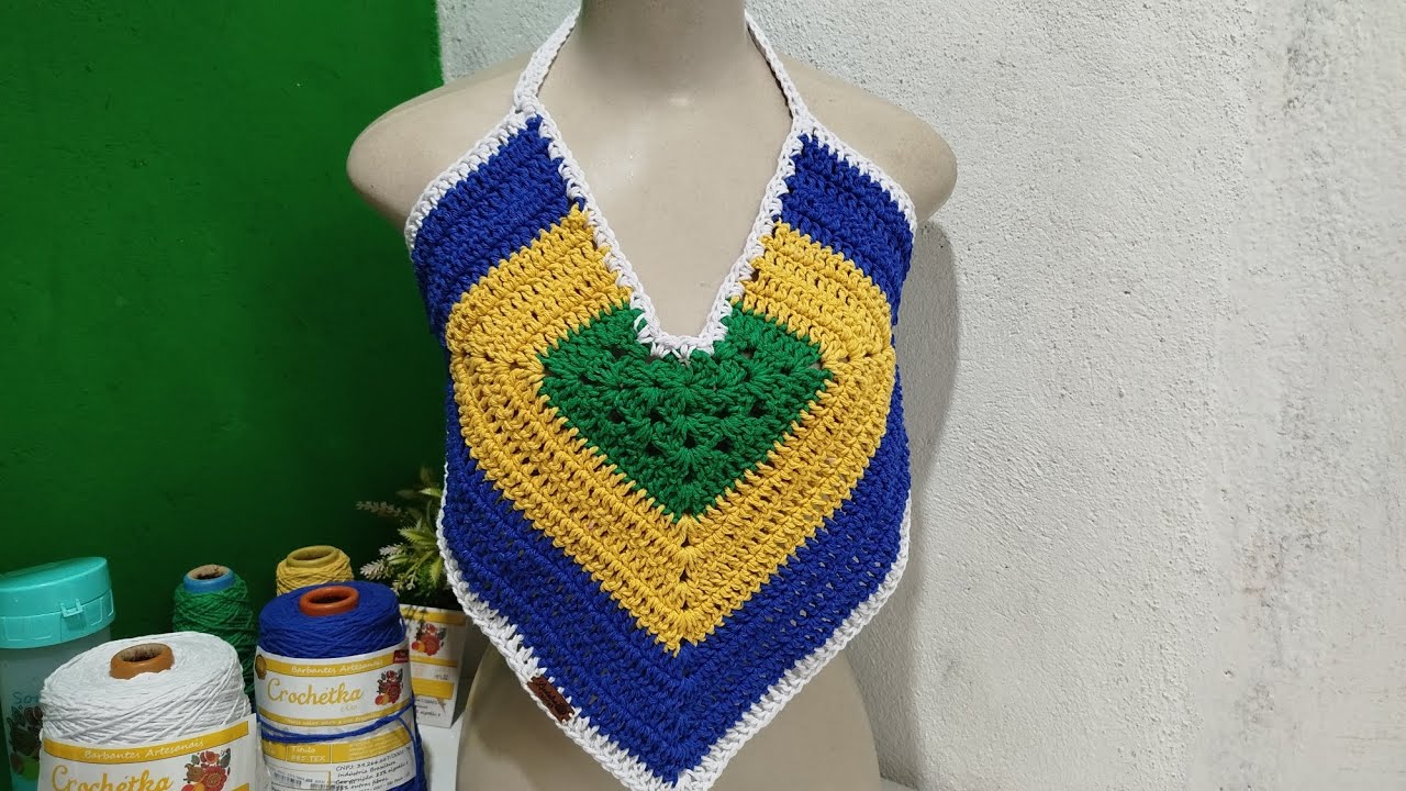 Cropped de crochê copa do mundo em barbante exclusivo e fácil passo a passo @Modaembarbantecrochê 
