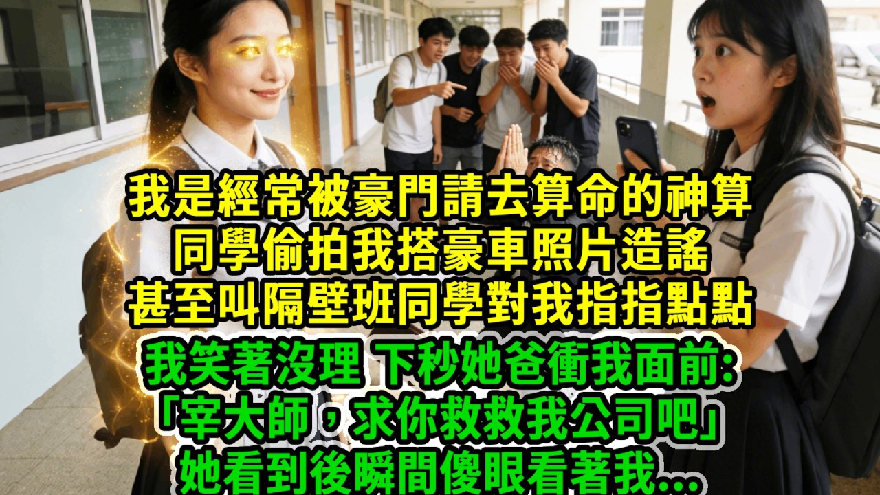 我是經常被豪門請去算命的神算，同學偷拍我搭豪車照片造謠，甚至叫隔壁班同學對我指指點點，我笑著沒理，下秒她爸衝我面前:｢宰大師，求你救救我公司吧｣她看到後瞬間傻眼看著我...#風起雲湧 #爽文