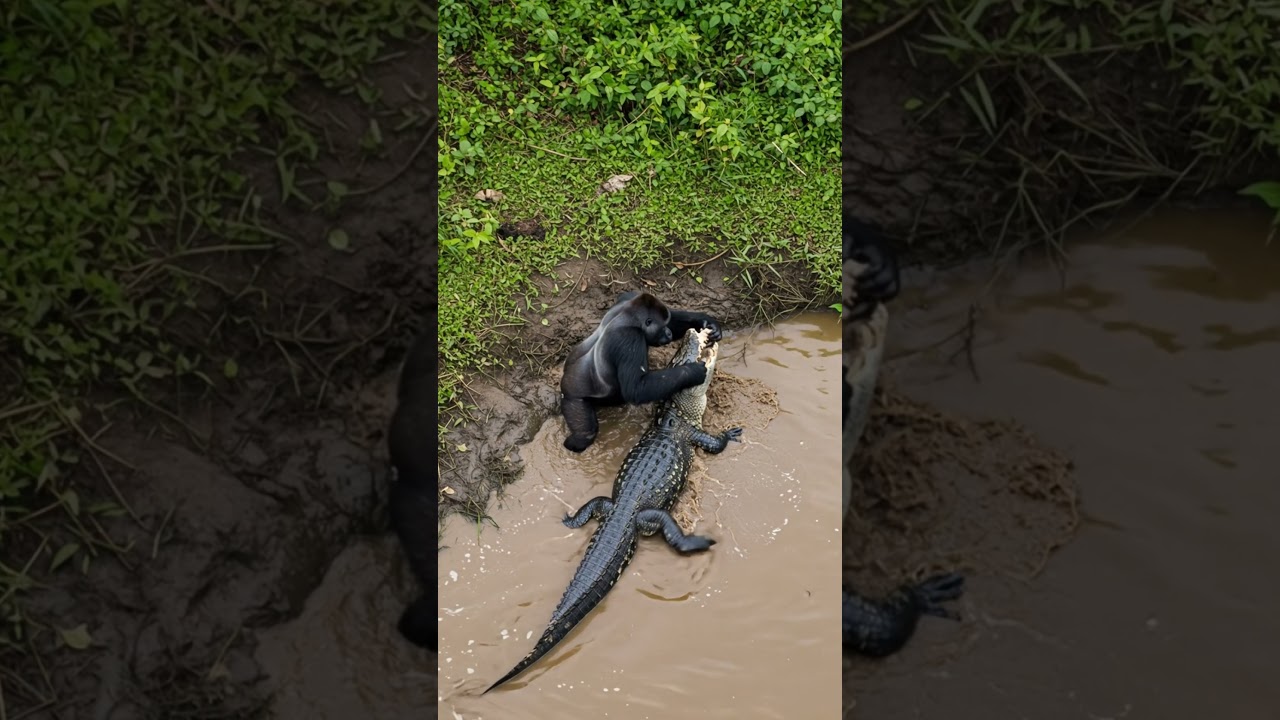 Gorilla VS Crocodile in river #wildlife #animals #wildanimals #documentary